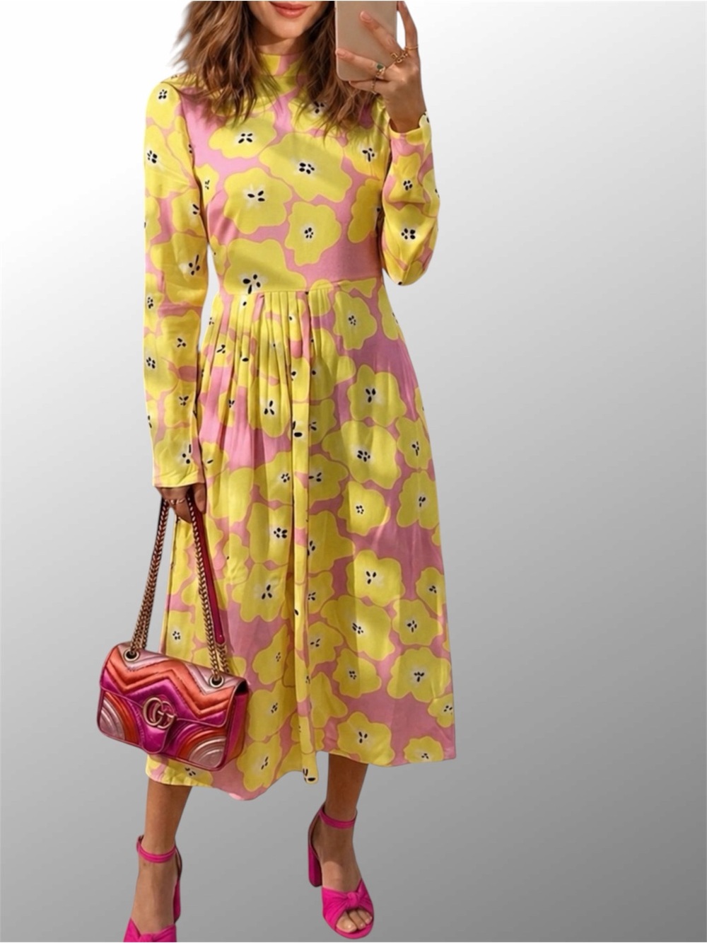 Never Fully Dressed Floral Prink & Yellow Fruit Motif Long Sleeve Midi Dress